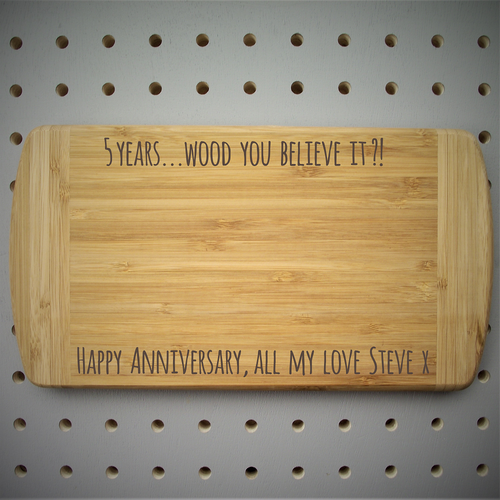 Personalised 5th Anniversary Bamboo Chopping Board made for you by Custom Gift Studio at Cheshire Oaks