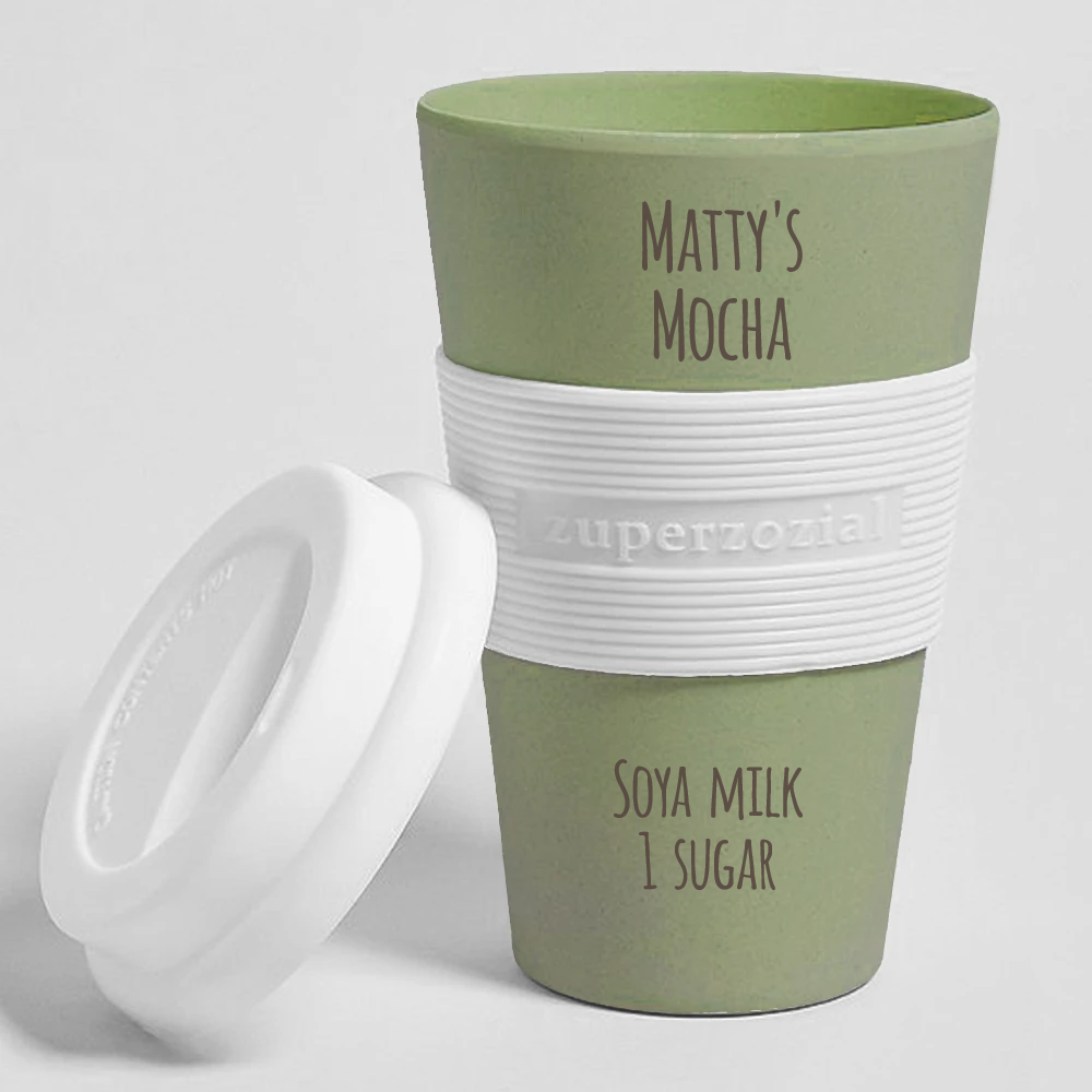 Personalised Bamboo Fibre Travel Drink Mug made for you by Custom Gift Studio at Cheshire Oaks