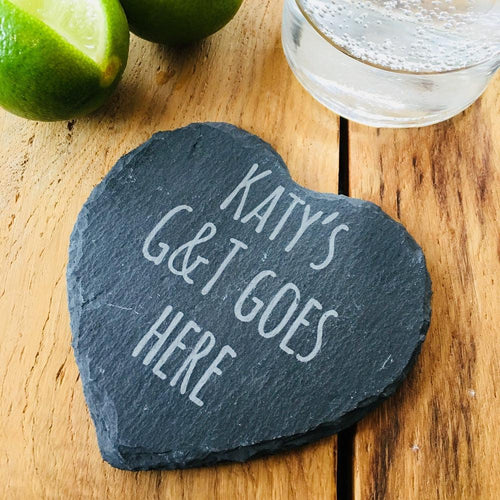 Personalised 'G&T' Slate Heart Drinks Coaster made for you by Custom Gift Studio at Cheshire Oaks