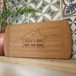 Personalised New Home Bamboo Chopping Board made for you by Custom Gift Studio at Cheshire Oaks
