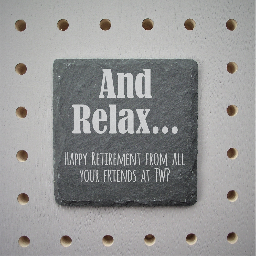 Personalised 'Retirement' Slate Square Drinks Coaster made for you by Custom Gift Studio at Cheshire Oaks